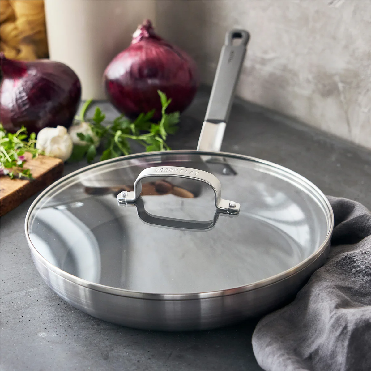 Bobby Flay by GreenPan PFAS-Free Nonstick Stainless Steel 12" Frypan with Lid - Image 5