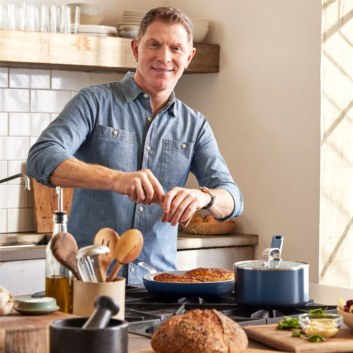 Bobby Flay by GreenPan Professional Ceramic Nonstick 8" and 10" Frypan Set | Oxford Blue - Image 2