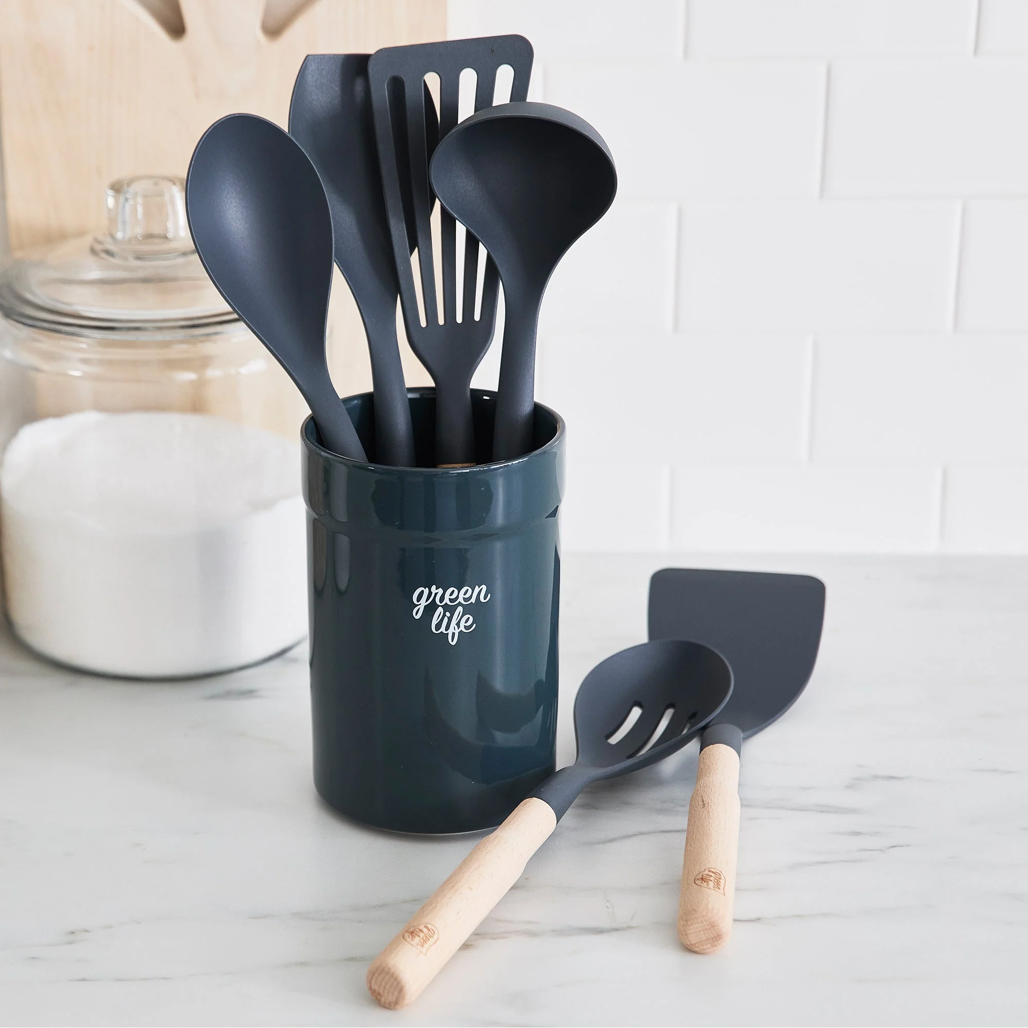 GreenLife Nylon & Wood Cooking Utensils with Ceramic Crock, 7-Piece Set | Charcoal Gray - Image 2