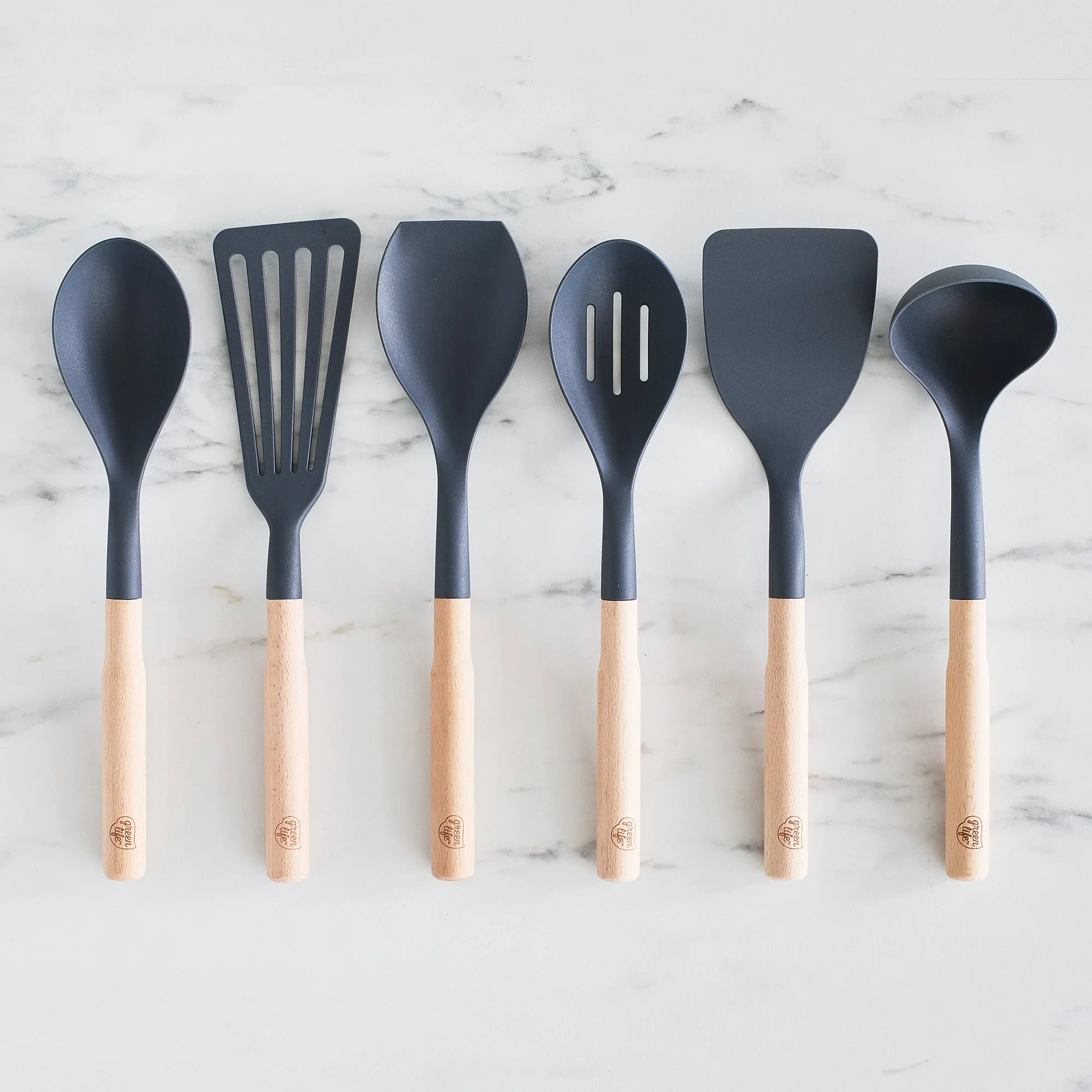 GreenLife Nylon & Wood Cooking Utensils with Ceramic Crock, 7-Piece Set | Charcoal Gray - Image 3