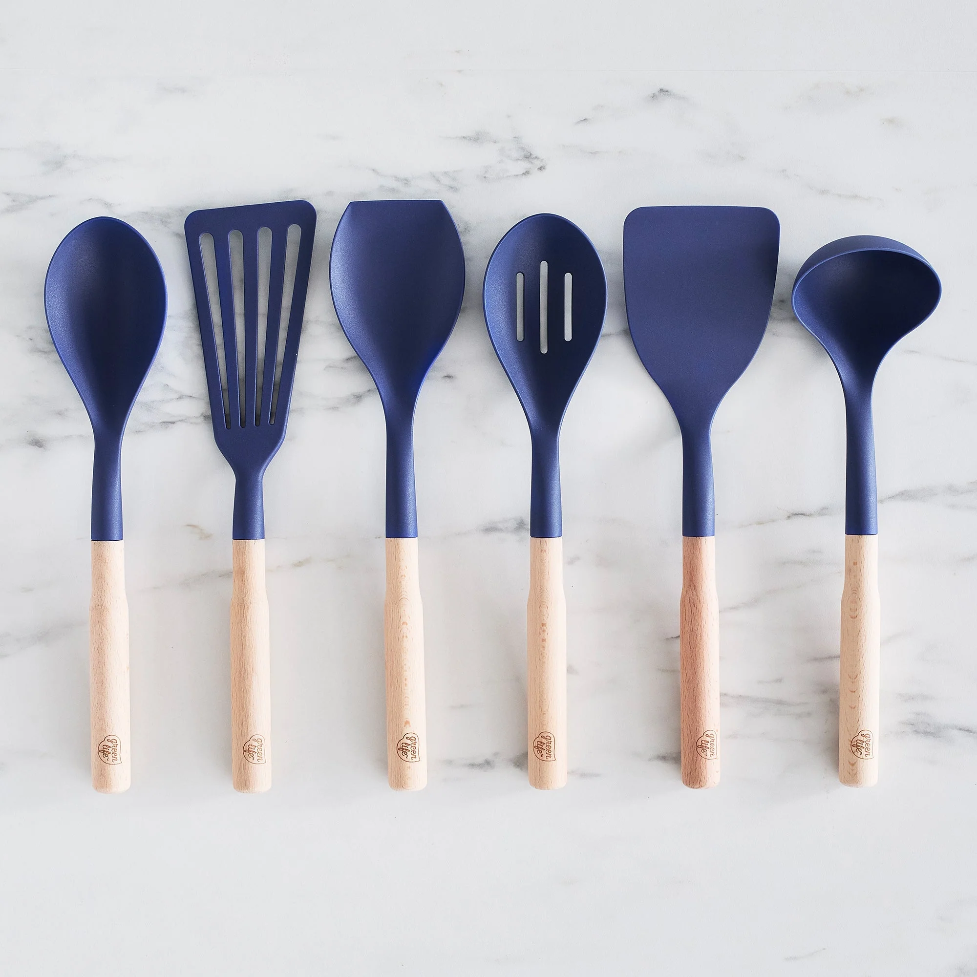 GreenLife Nylon & Wood Cooking Utensils with Ceramic Crock, 7-Piece Set | Blue - Image 3