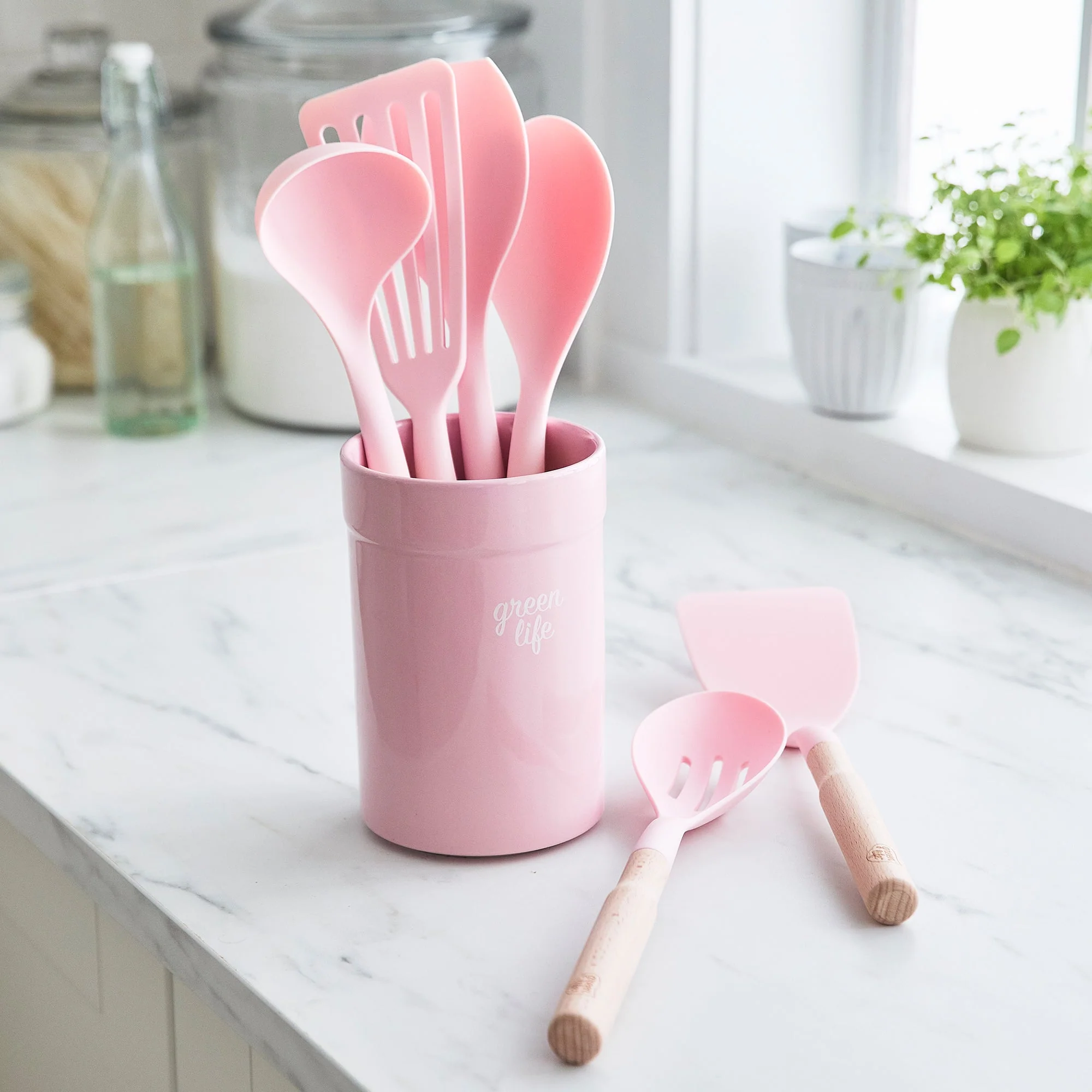 GreenLife Nylon & Wood Cooking Utensils with Ceramic Crock, 7-Piece Set | Pink - Image 2