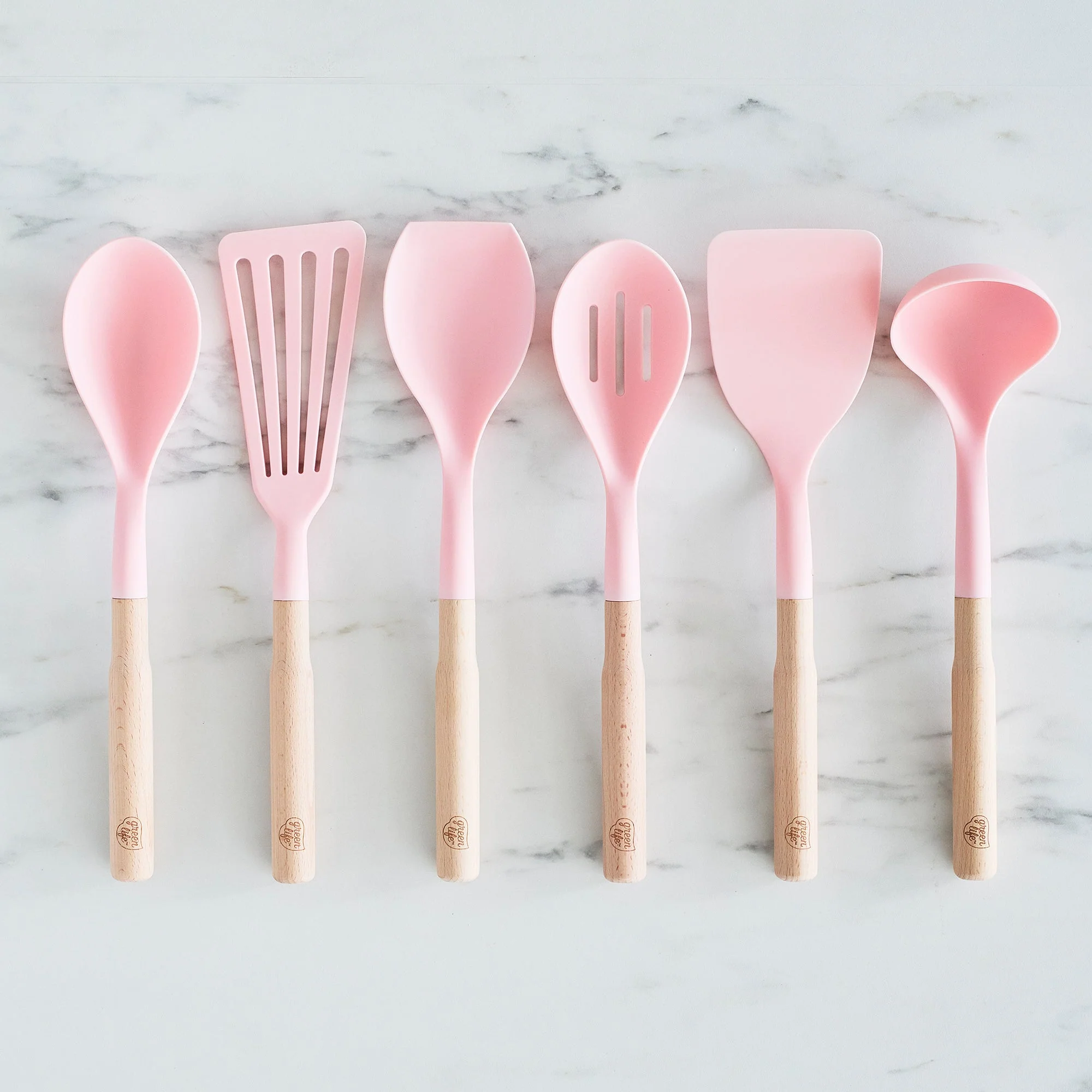 GreenLife Nylon & Wood Cooking Utensils with Ceramic Crock, 7-Piece Set | Pink - Image 3