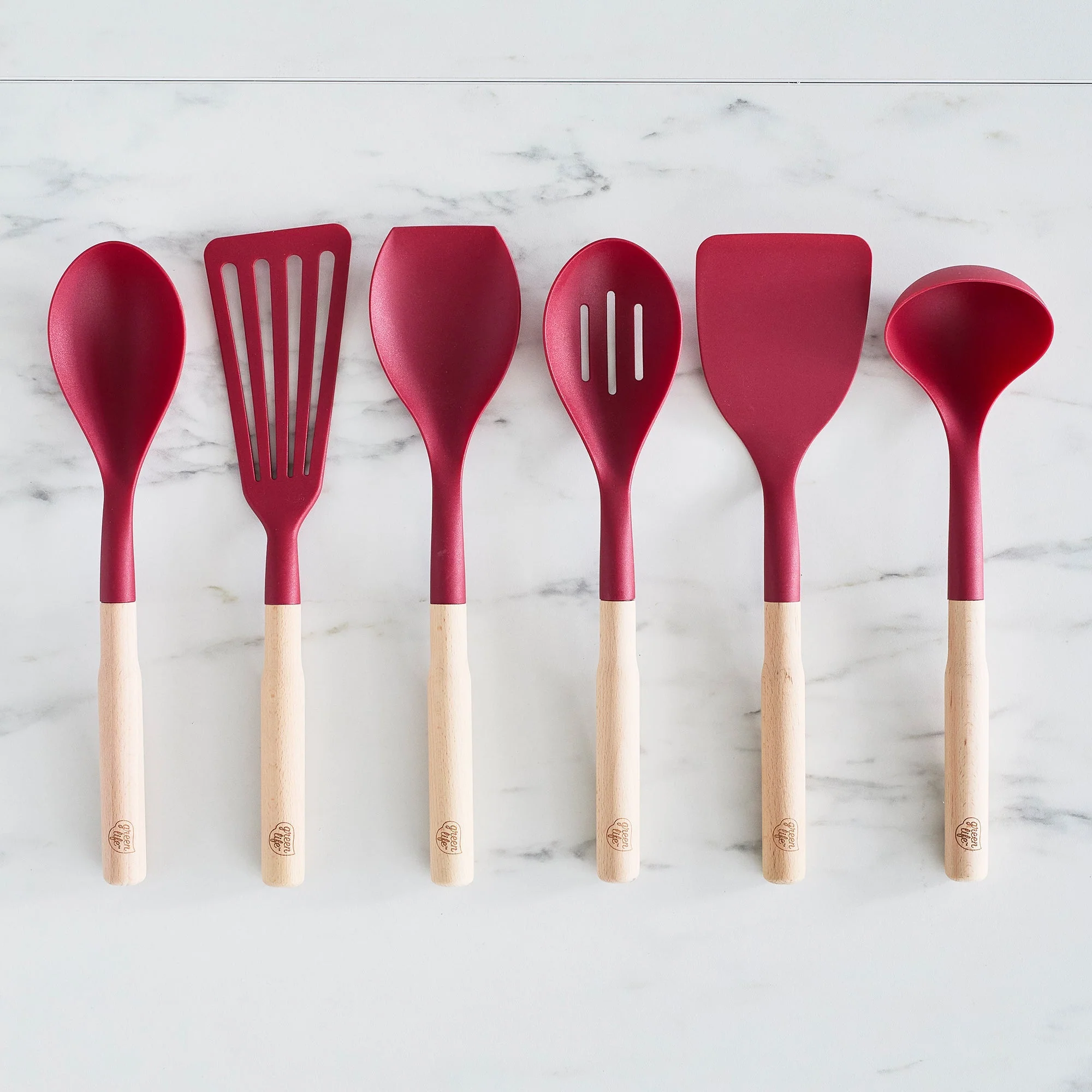 GreenLife Nylon & Wood Cooking Utensils with Ceramic Crock, 7-Piece Set | Red - Image 3