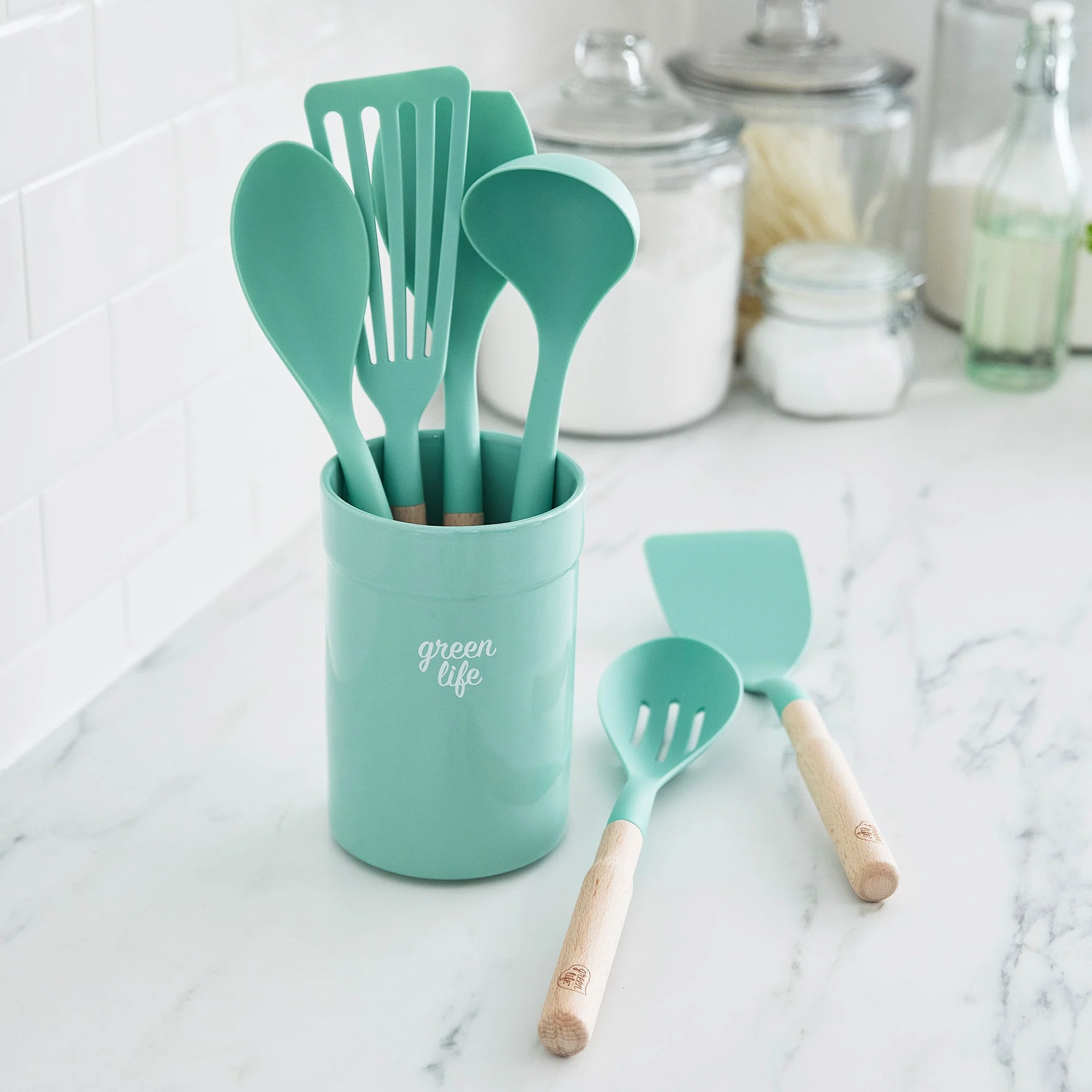 GreenLife Nylon & Wood Cooking Utensils with Ceramic Crock, 7-Piece Set | Turquoise - Image 2