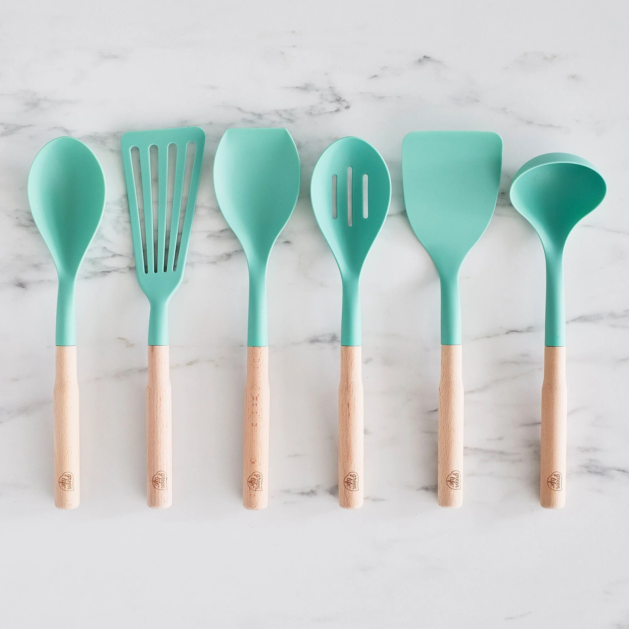 GreenLife Nylon & Wood Cooking Utensils with Ceramic Crock, 7-Piece Set | Turquoise - Image 3