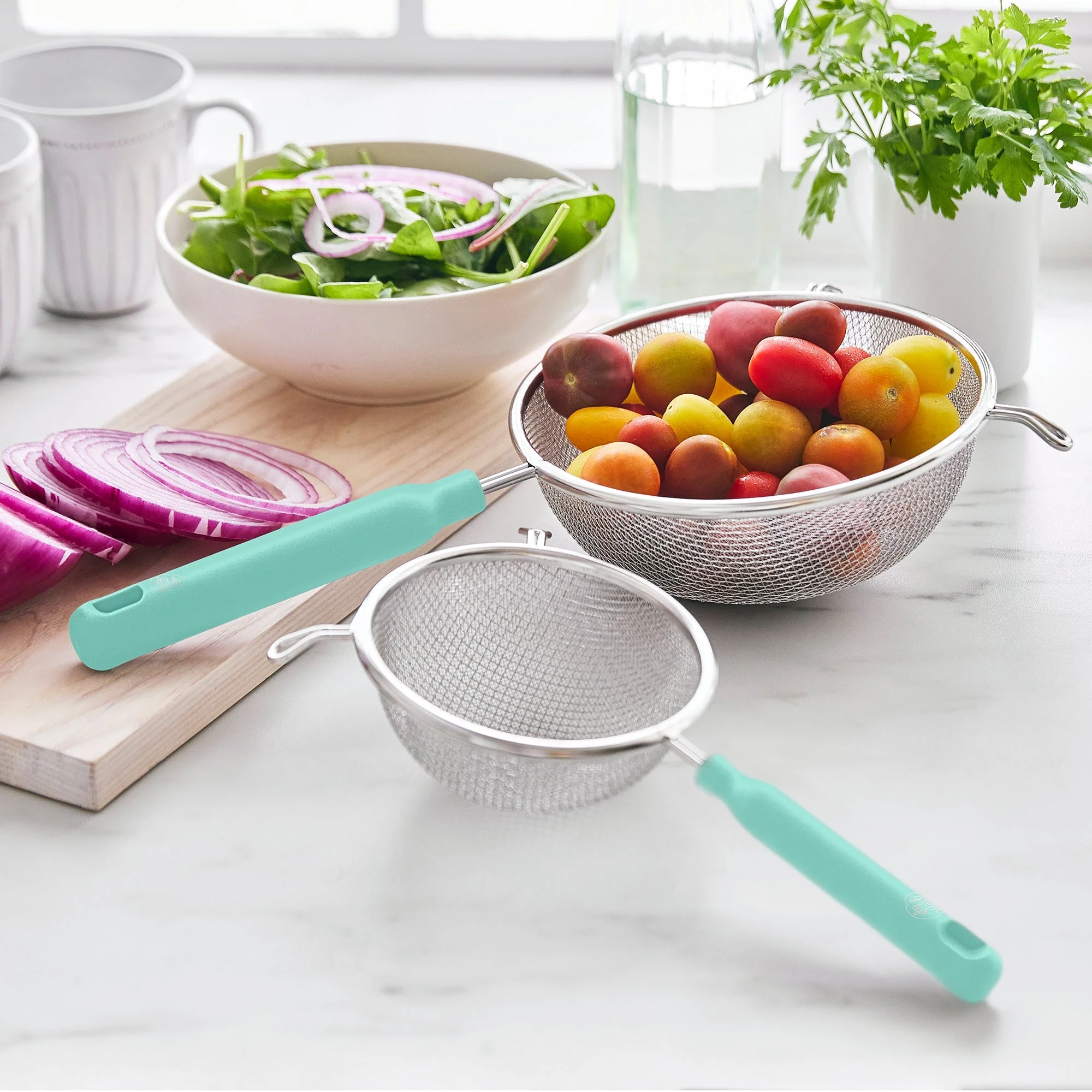 GreenLife Stainless Steel Mesh Strainers, Set of 4 | Turquoise - Image 5