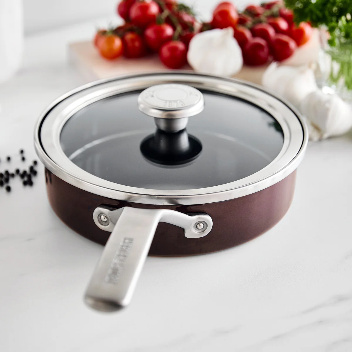 Merten & Storck Steel Core Enameled 2-Quart Sauté Pan with Lid | Chocolate Truffle - Image 2