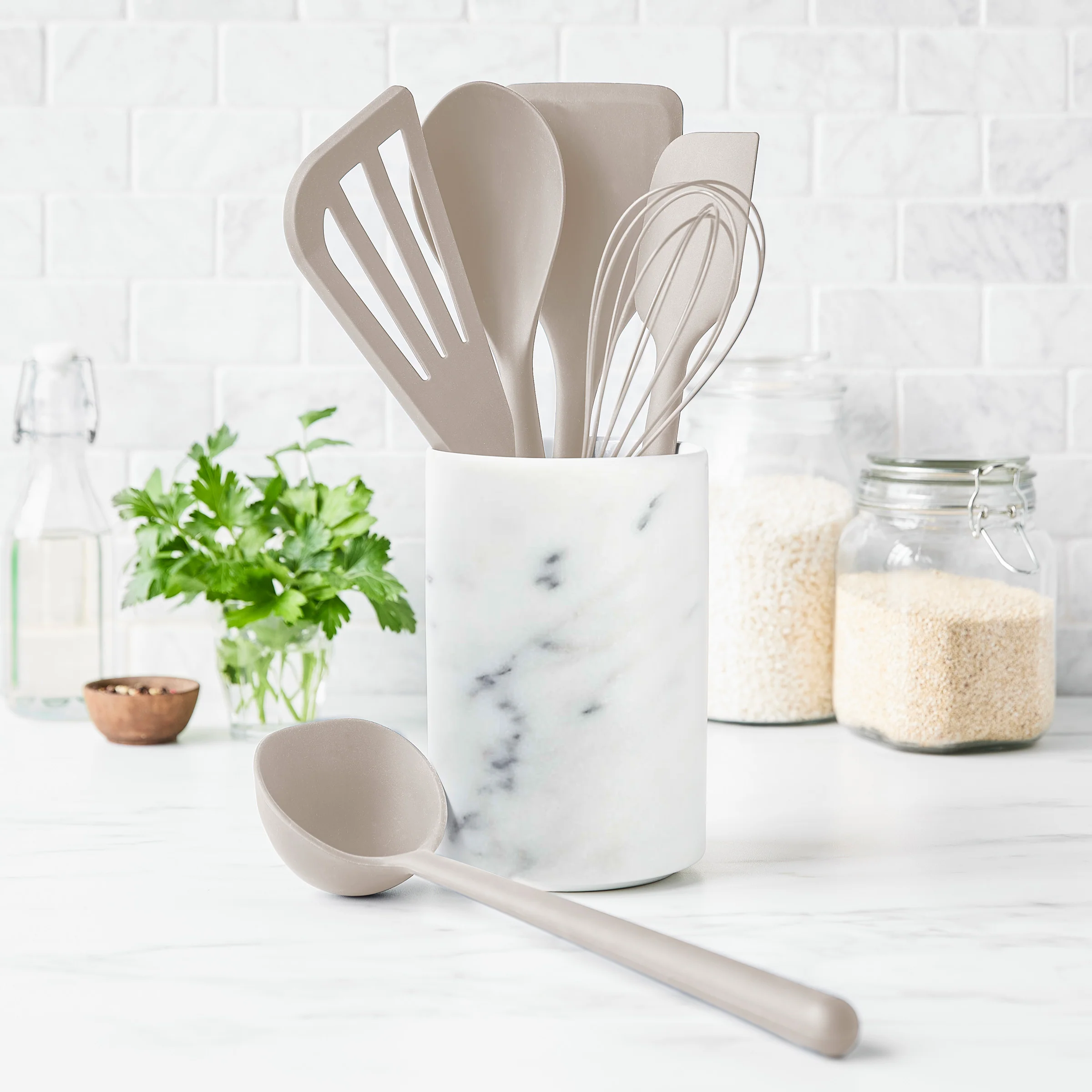 Platinum Silicone 7-Piece Utensil and Crock Set | Taupe - Image 2
