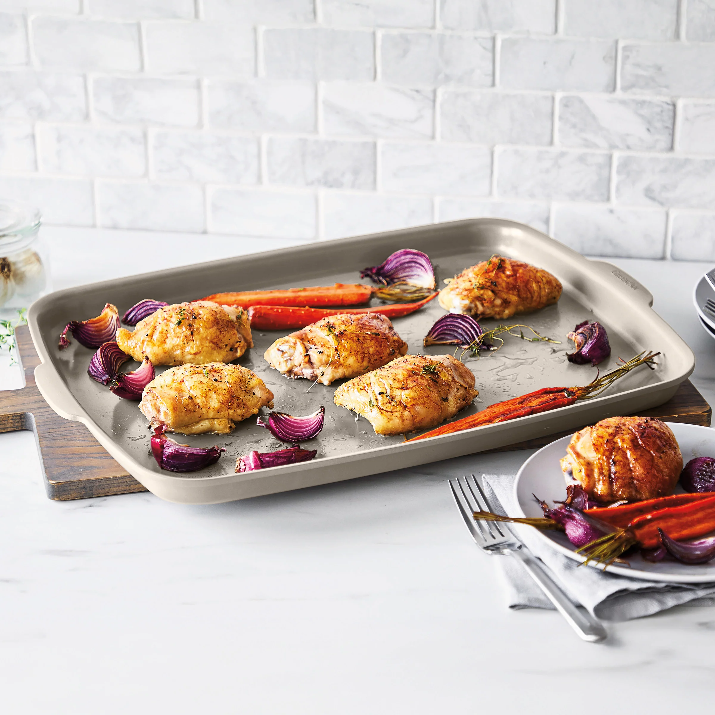 Premiere Ovenware Ceramic Nonstick 18" x 13" Half Sheet Pan Set | Taupe - Image 3