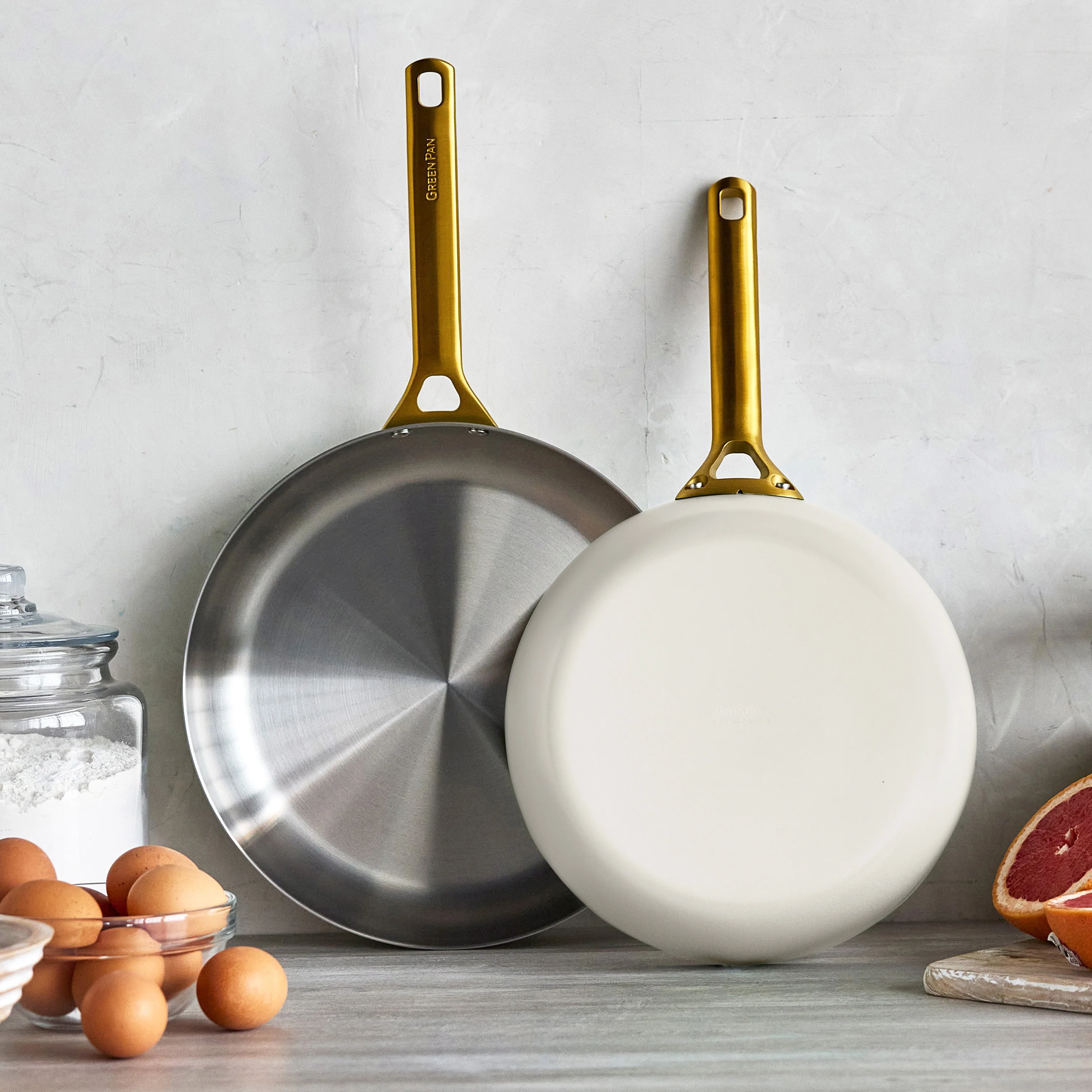 Reserve Pro Uncoated Stainless Steel 10" and 12" Frypan Set | Cream - Image 2