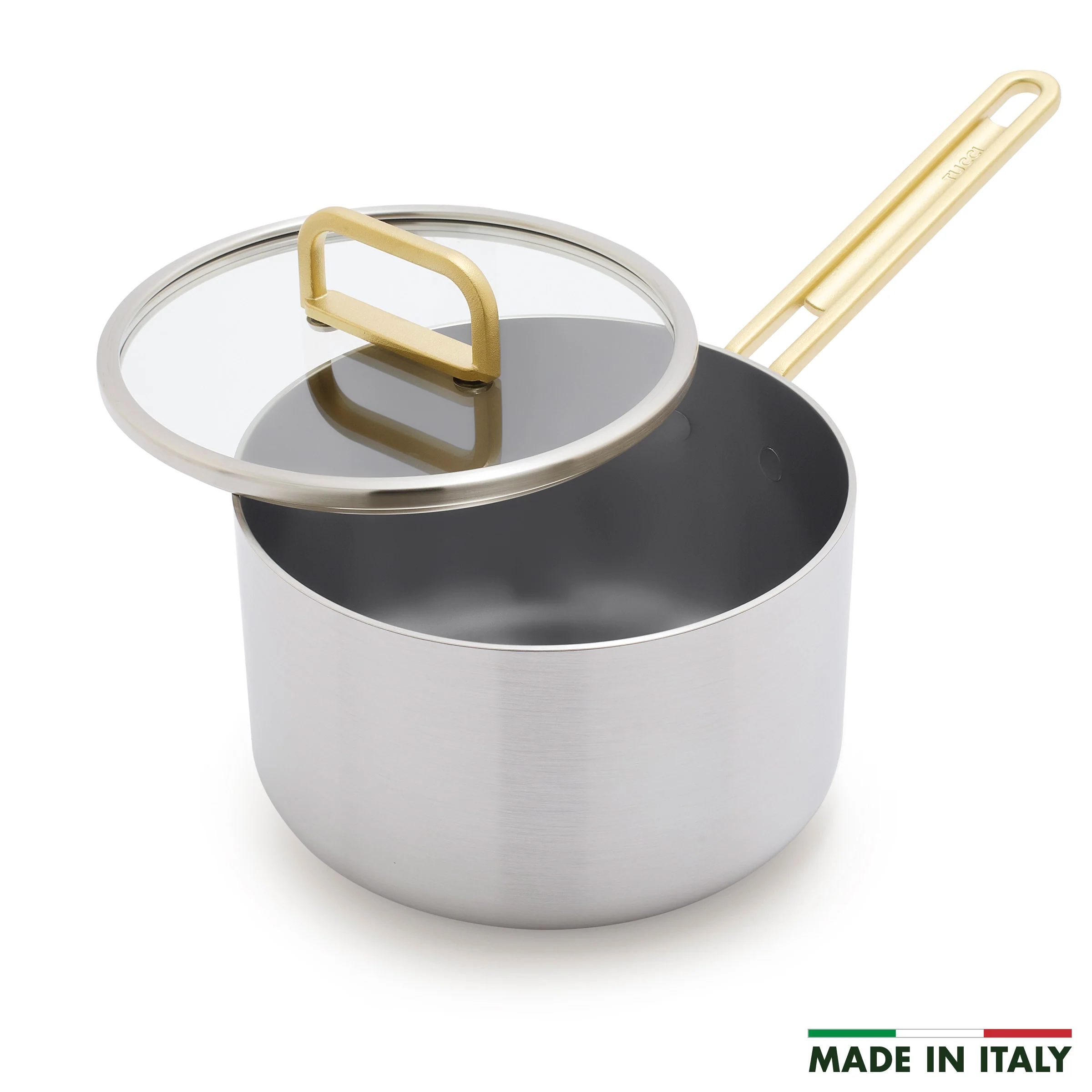 Stanley Tucci™ Stainless Steel Ceramic Nonstick 4-Quart Saucepan with Lid | Champagne Handles