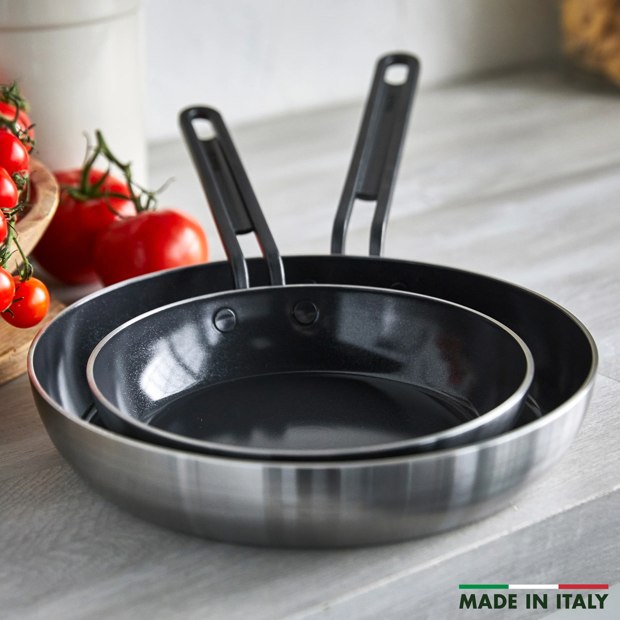 Stanley Tucci™ Stainless Steel Ceramic Nonstick 8" & 10" Frypan Set | Black Handles - Image 3