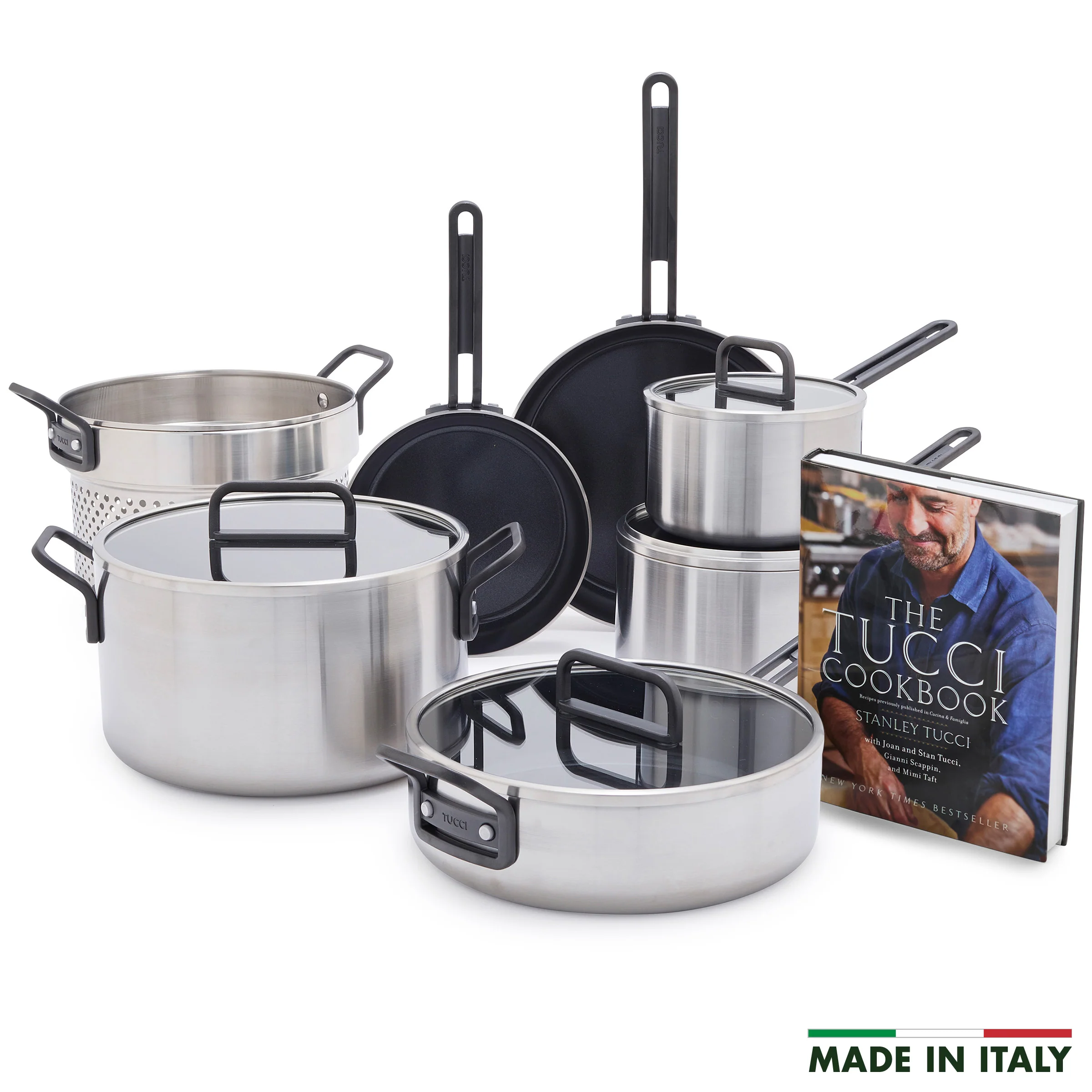 Stanley Tucci™ Stainless Steel Ceramic Nonstick 11-Piece Cookware Set | Black Handles