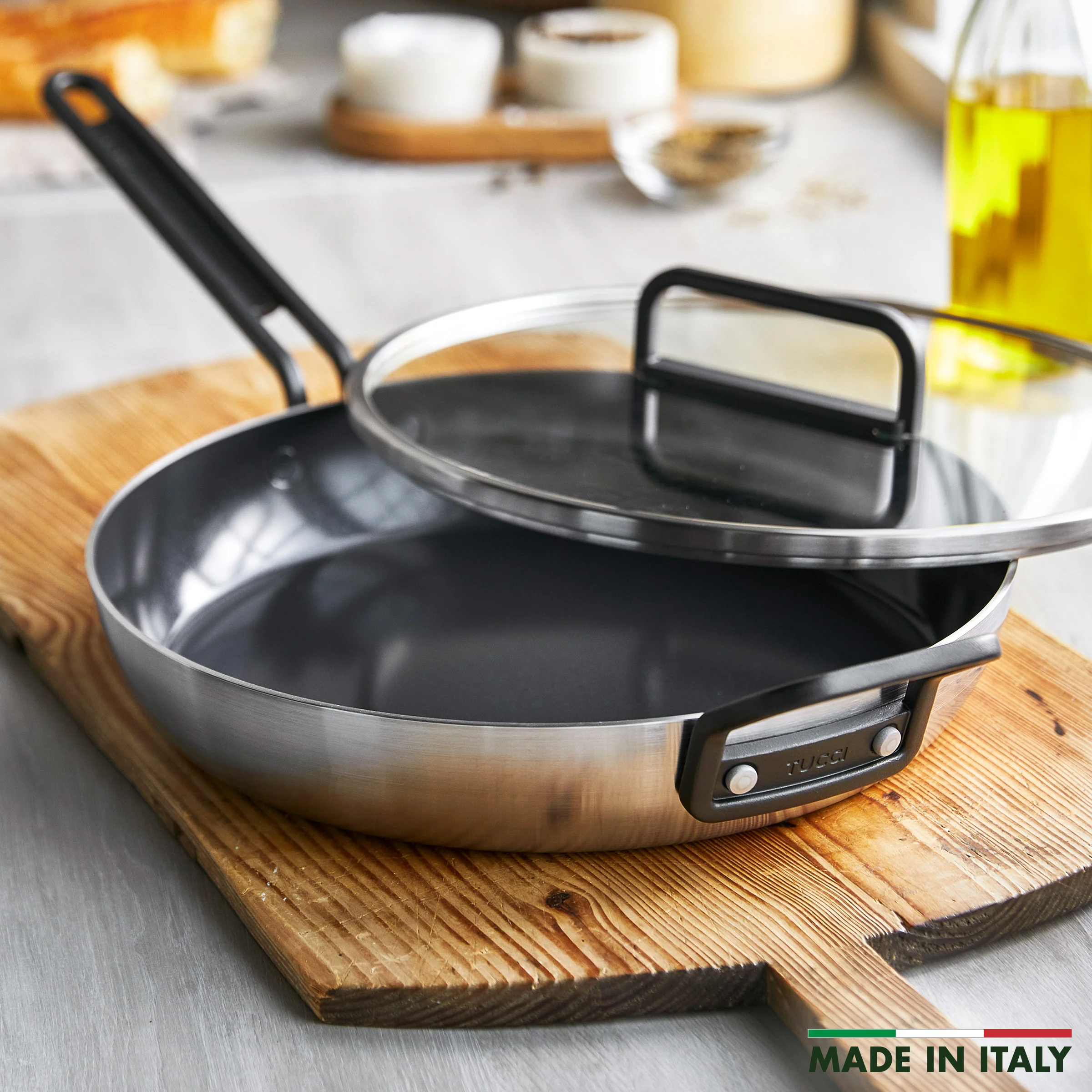 Stanley Tucci™ Stainless Steel Ceramic Nonstick 12" Frypan with Lid | Black Handle - Image 3