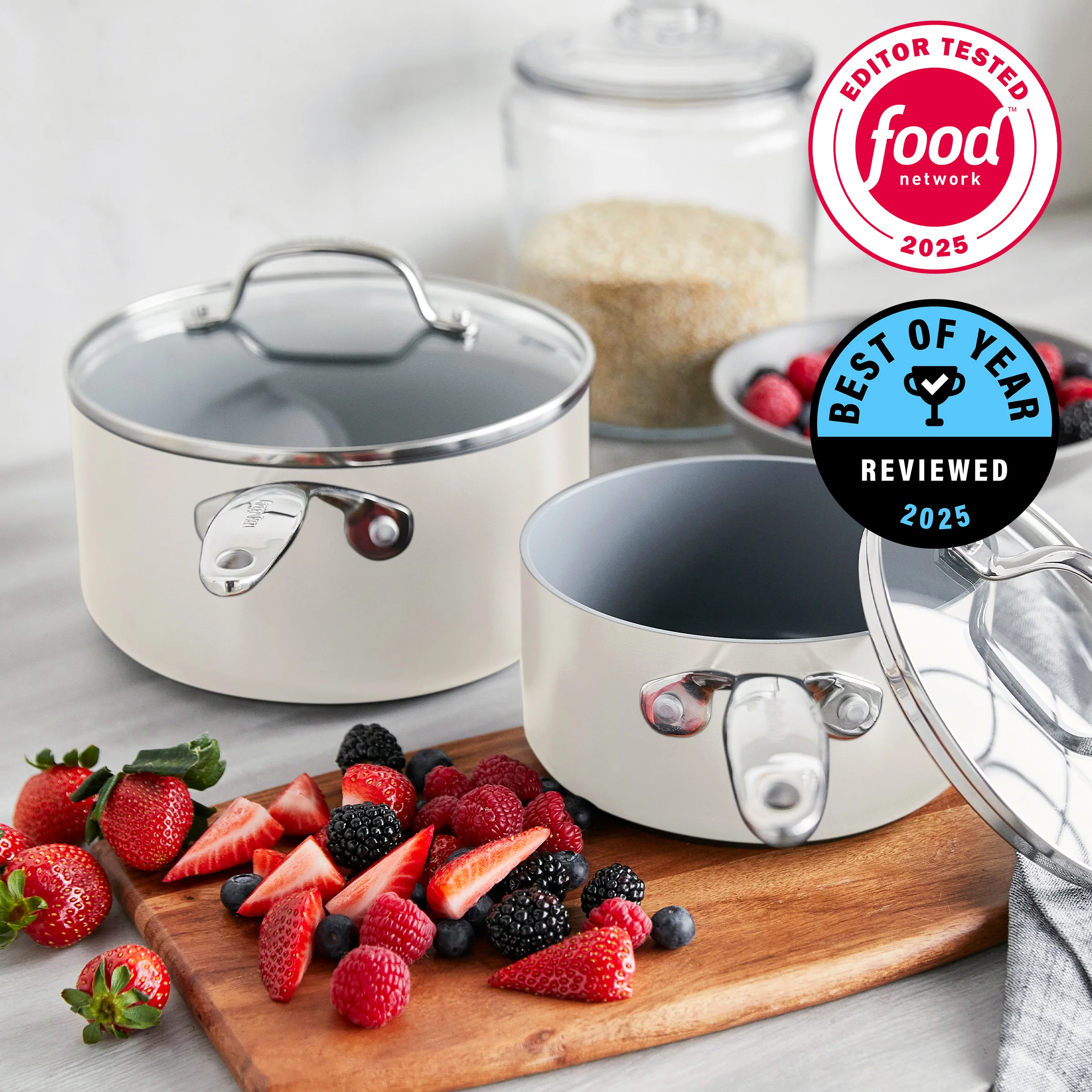 Valencia Pro Ceramic Nonstick 1.5-Quart and 3-Quart Saucepan Set with Lids | Cream - Image 2