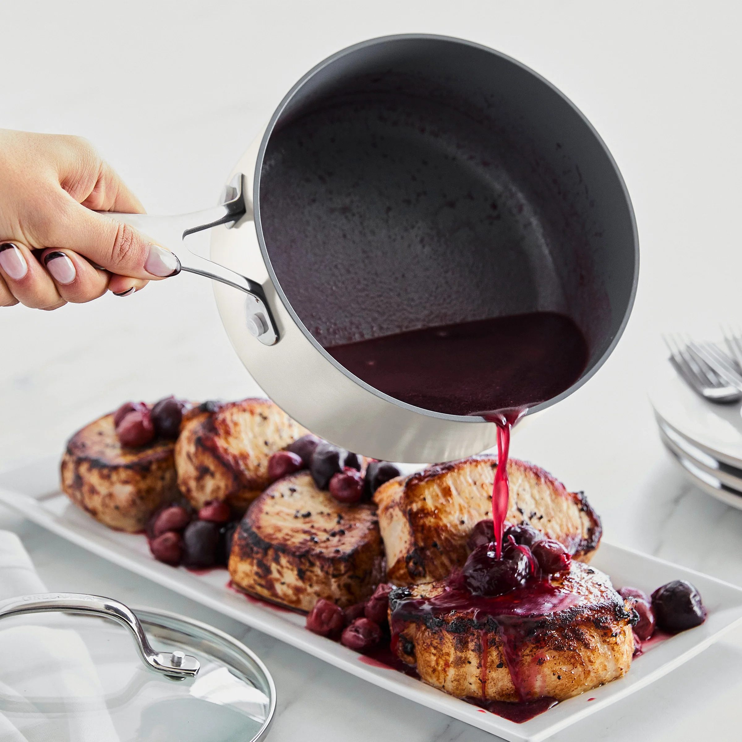 Valencia Pro Ceramic Nonstick 1.5-Quart and 3-Quart Saucepan Set with Lids | Cream - Image 3