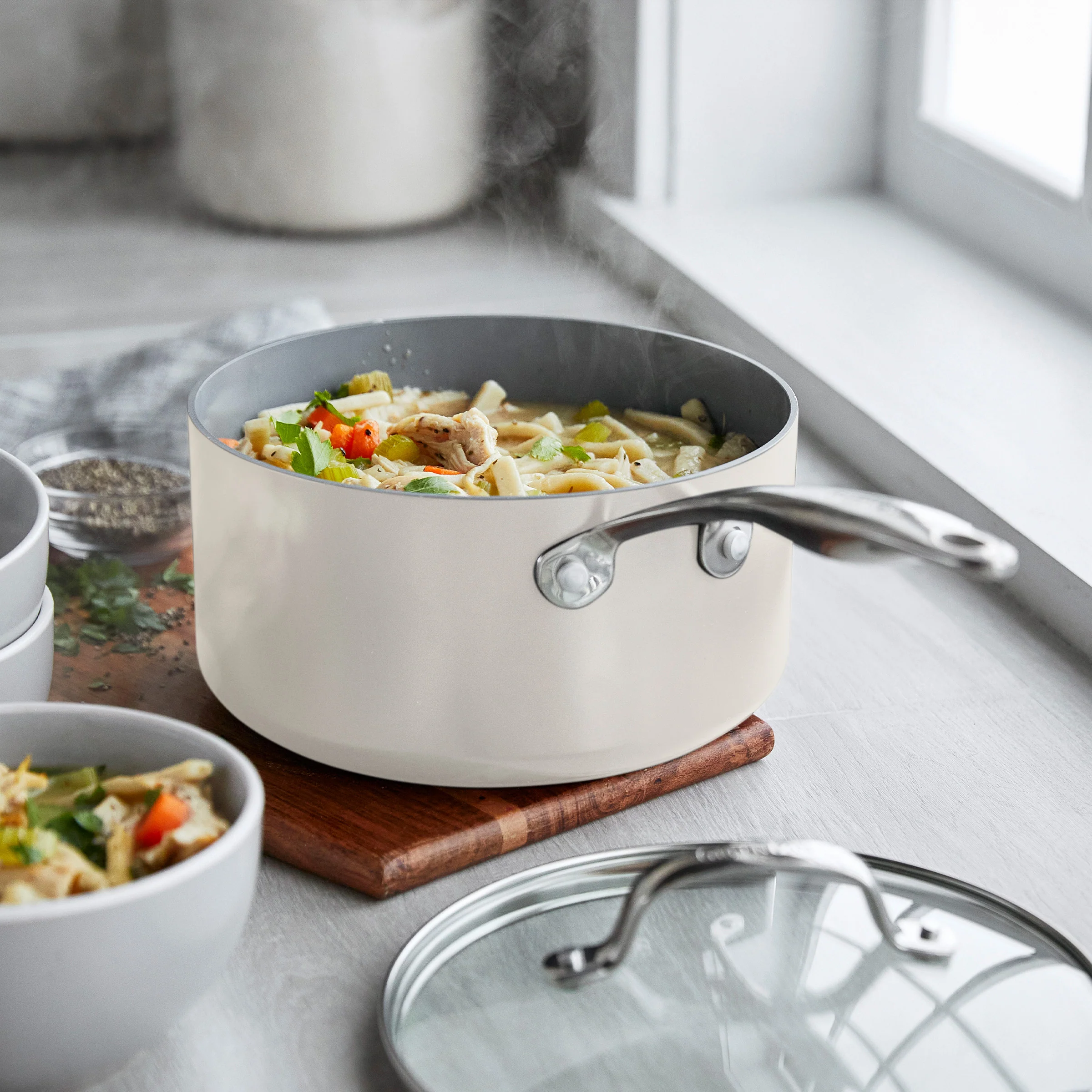 Valencia Pro Ceramic Nonstick 1.5-Quart and 3-Quart Saucepan Set with Lids | Cream - Image 6