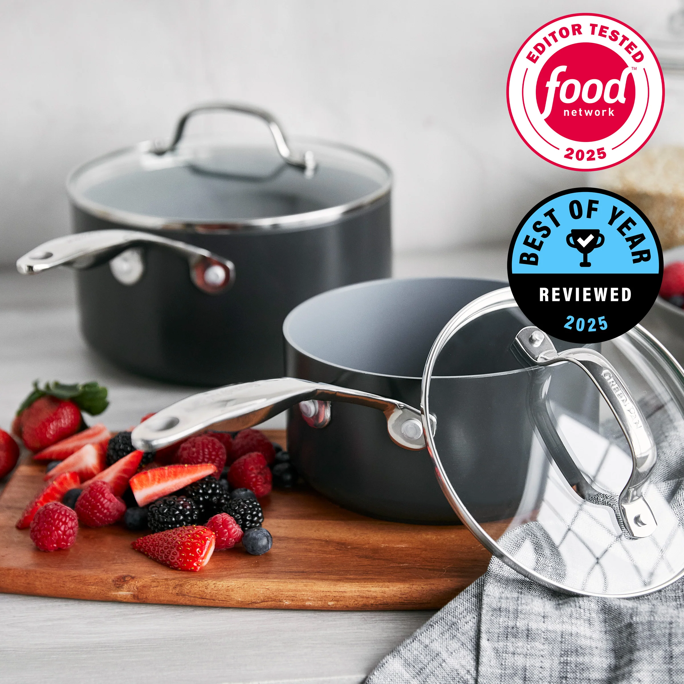 Valencia Pro Ceramic Nonstick 1.5-Quart and 3-Quart Saucepan Set with Lids | Gray - Image 2