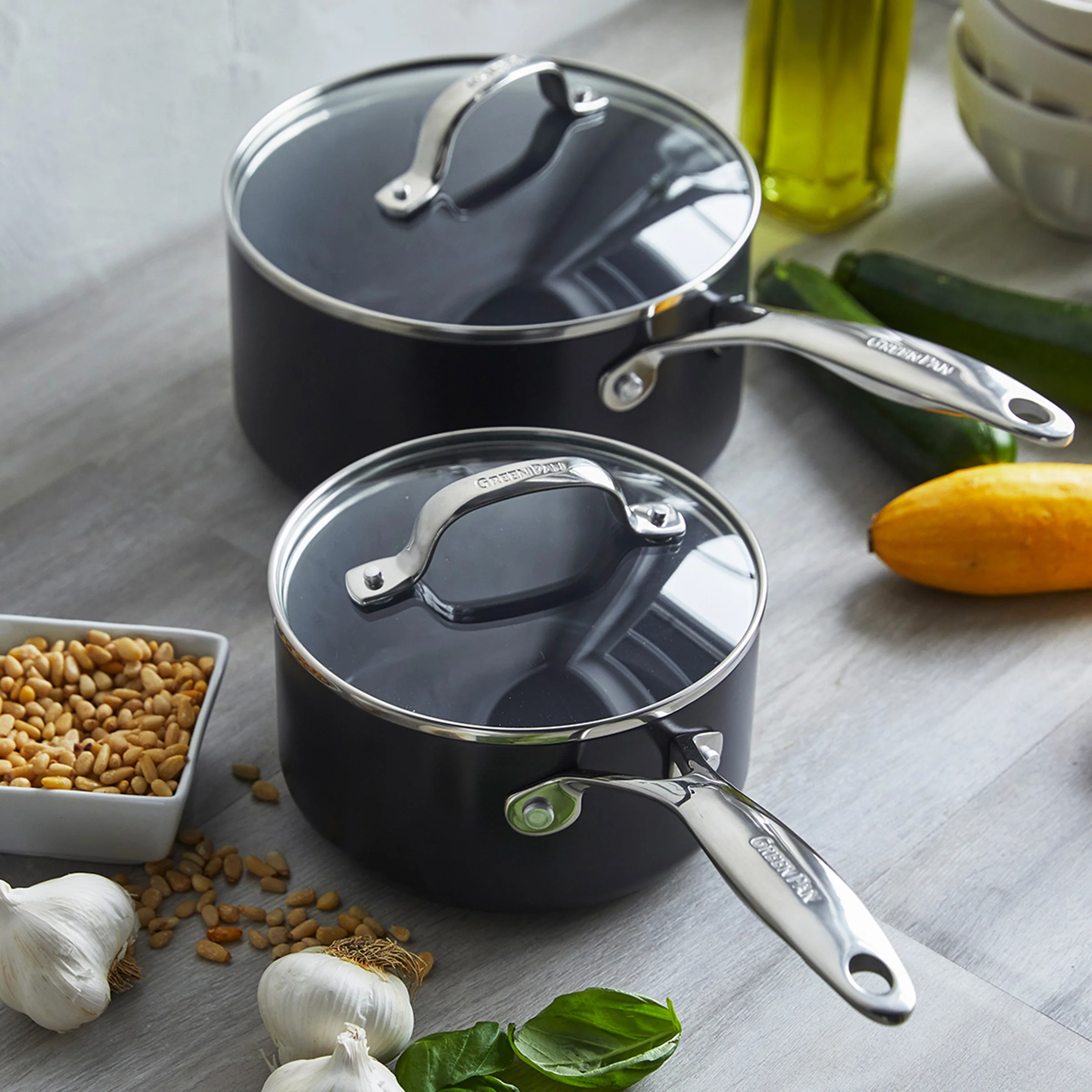 Valencia Pro Ceramic Nonstick 1.5-Quart and 3-Quart Saucepan Set with Lids | Gray - Image 3
