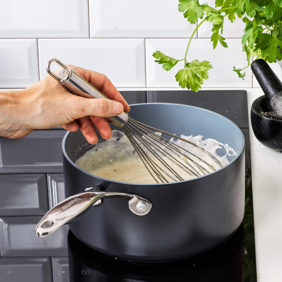 Valencia Pro Ceramic Nonstick 1.5-Quart and 3-Quart Saucepan Set with Lids | Gray - Image 5