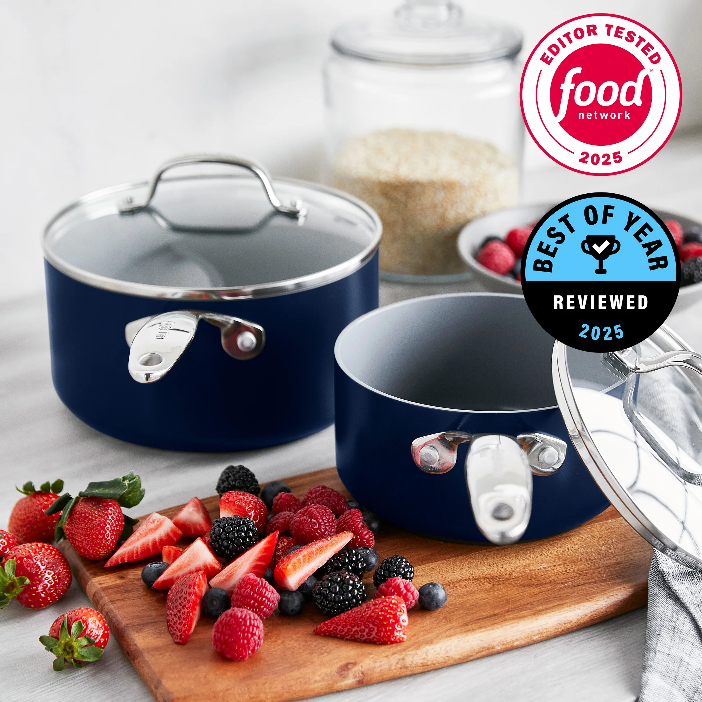 Valencia Pro Ceramic Nonstick 1.5-Quart and 3-Quart Saucepan Set with Lids | Twilight - Image 2