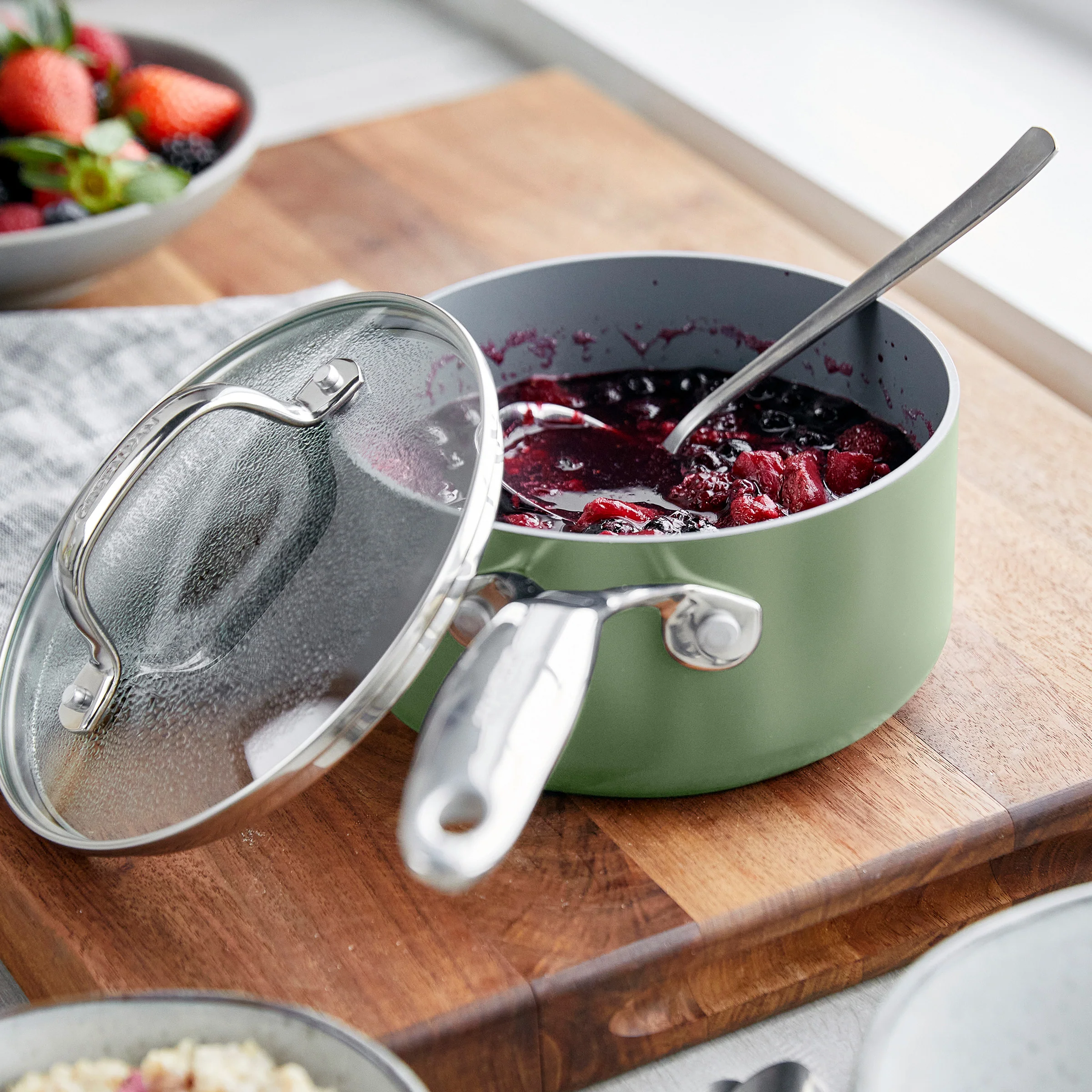 Valencia Pro Ceramic Nonstick 1.5-Quart and 3-Quart Saucepan Set with Lids | Sage - Image 4