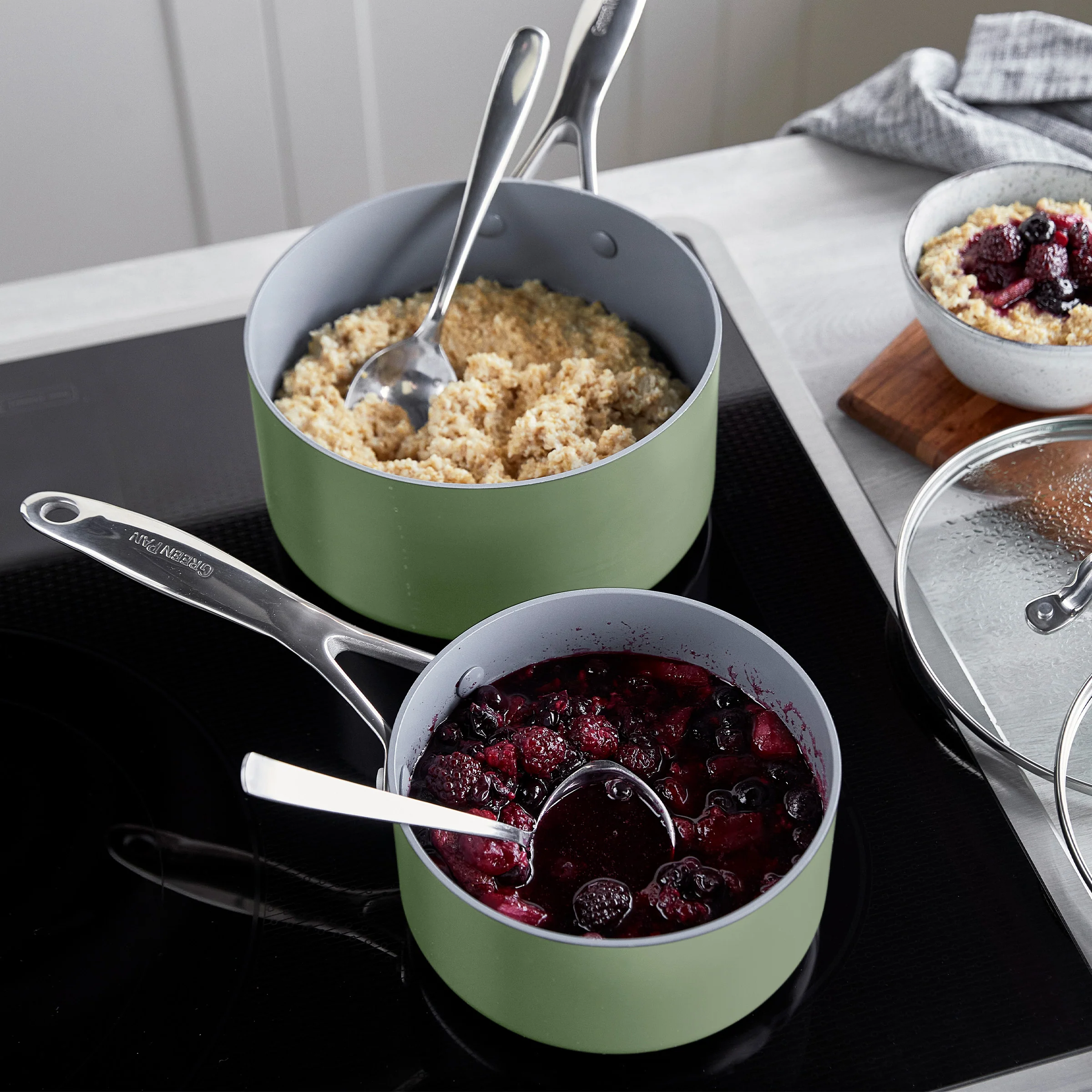 Valencia Pro Ceramic Nonstick 1.5-Quart and 3-Quart Saucepan Set with Lids | Sage - Image 5