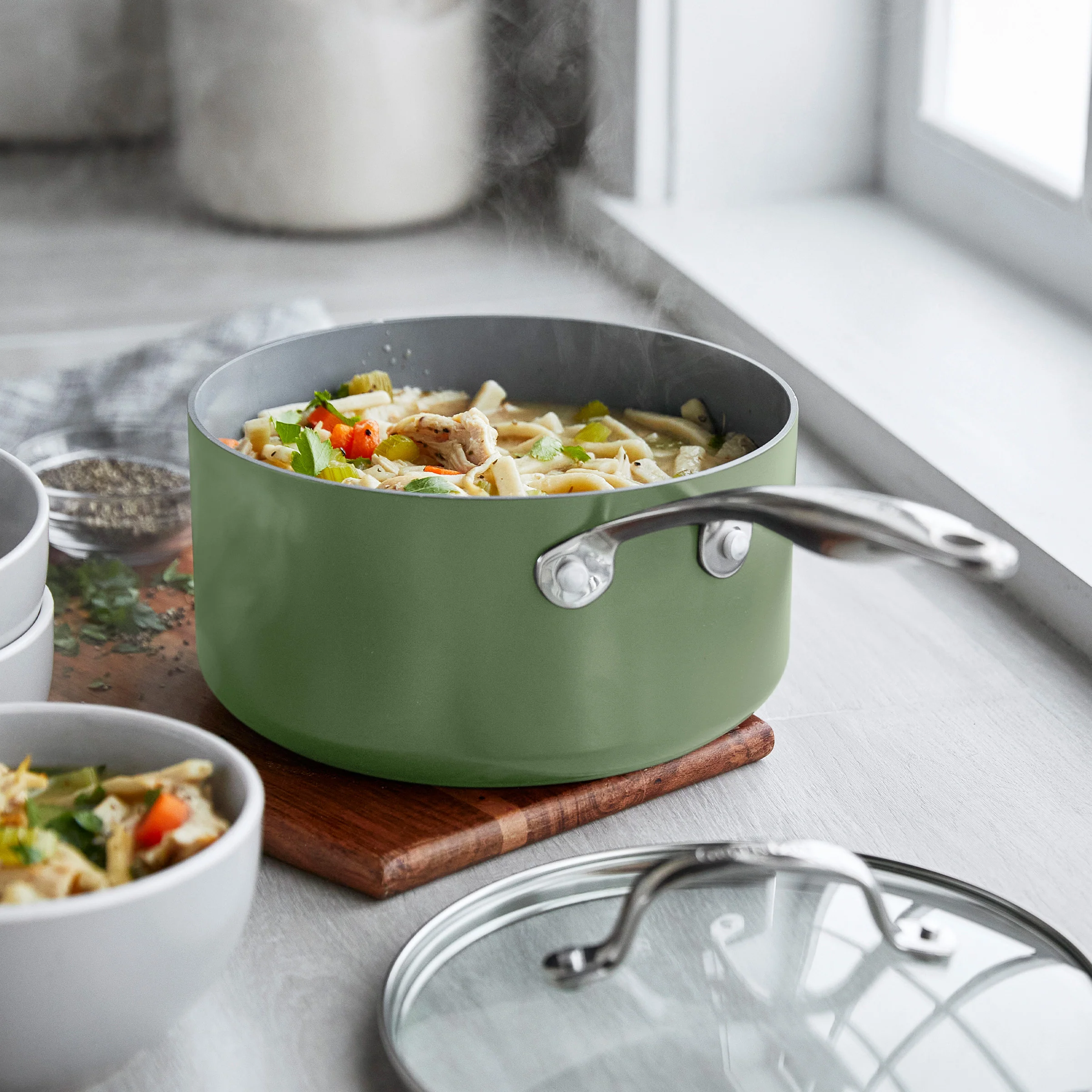 Valencia Pro Ceramic Nonstick 1.5-Quart and 3-Quart Saucepan Set with Lids | Sage - Image 6