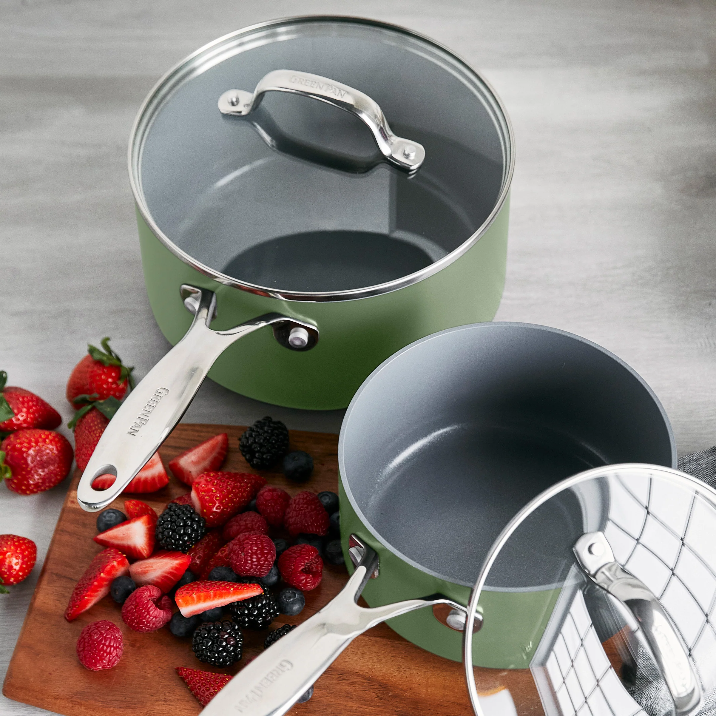 Valencia Pro Ceramic Nonstick 1.5-Quart and 3-Quart Saucepan Set with Lids | Sage - Image 7