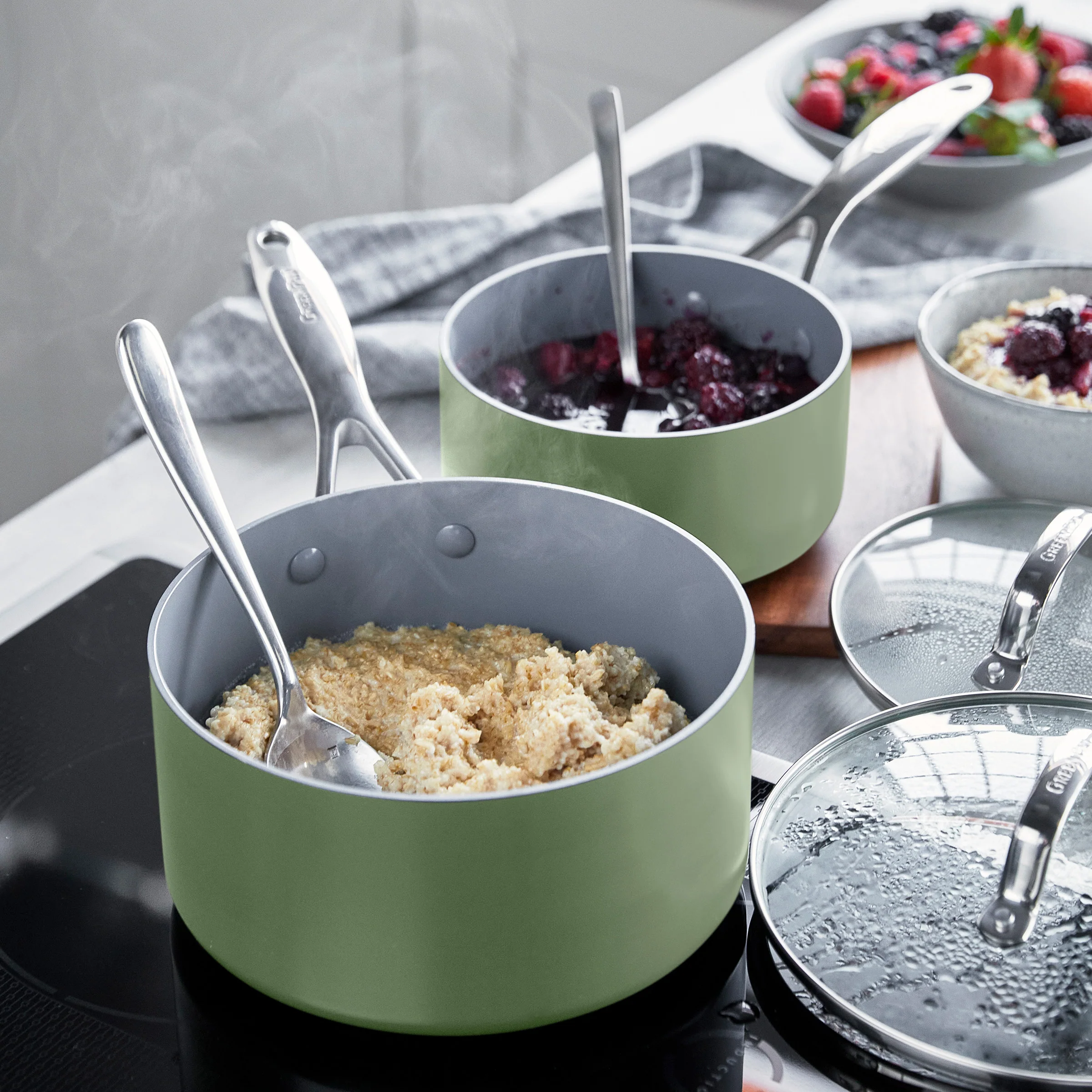 Valencia Pro Ceramic Nonstick 1.5-Quart and 3-Quart Saucepan Set with Lids | Sage - Image 8