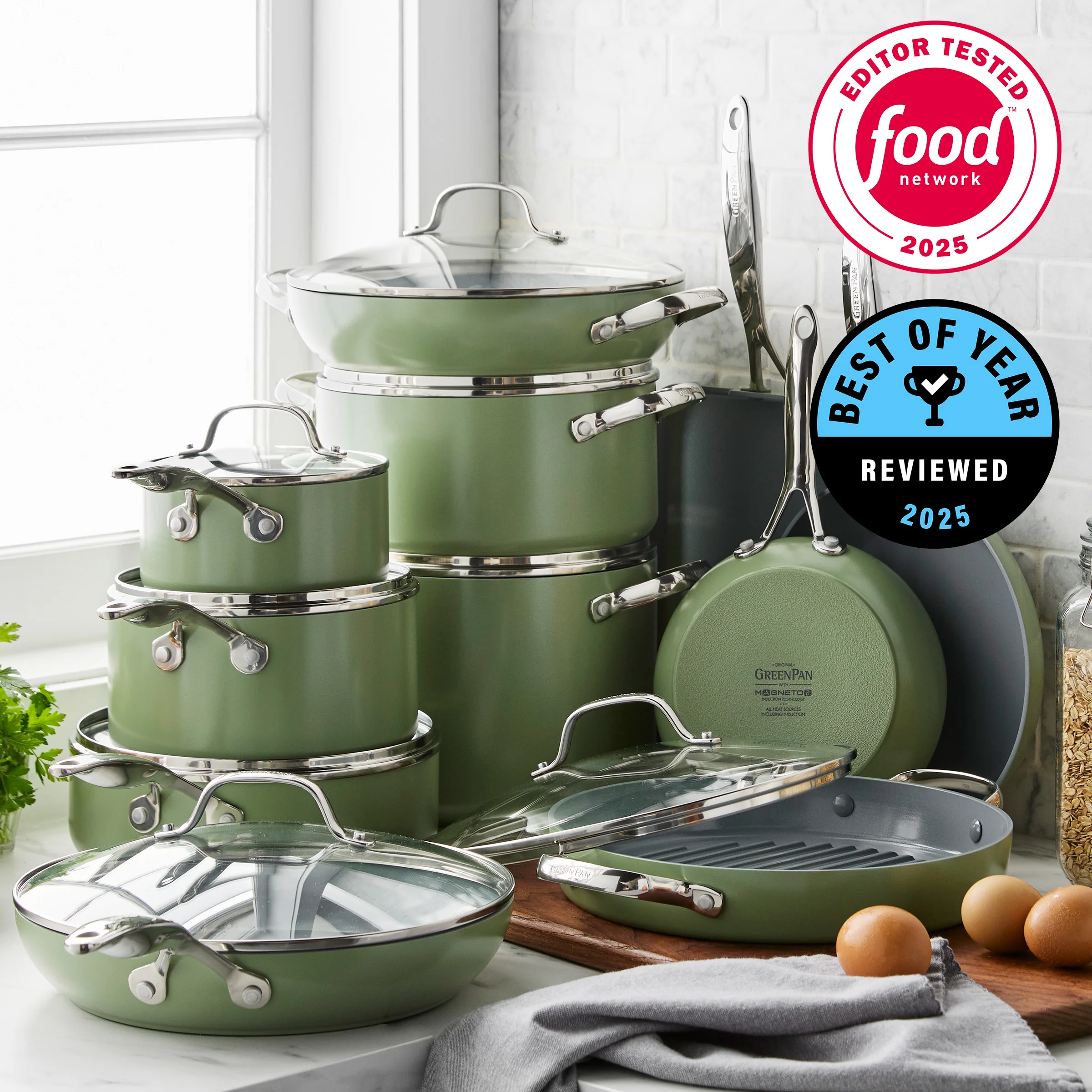 Valencia Pro Ceramic Nonstick 19-Piece Cookware Set | Sage - Image 2
